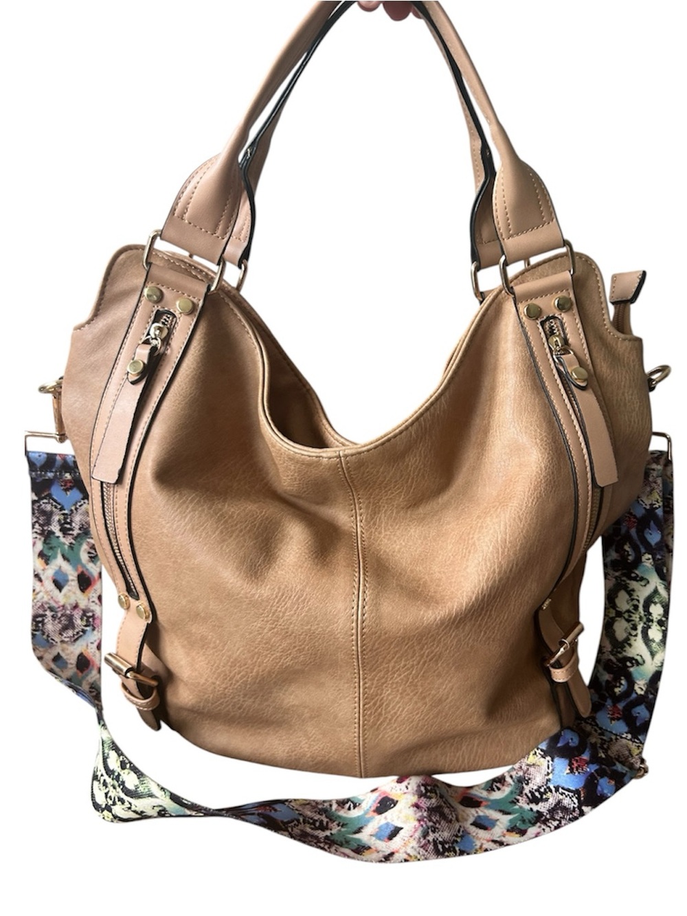 Large Faux Leather Hobo Style Tan colored purse with Added Seatbelt like strap